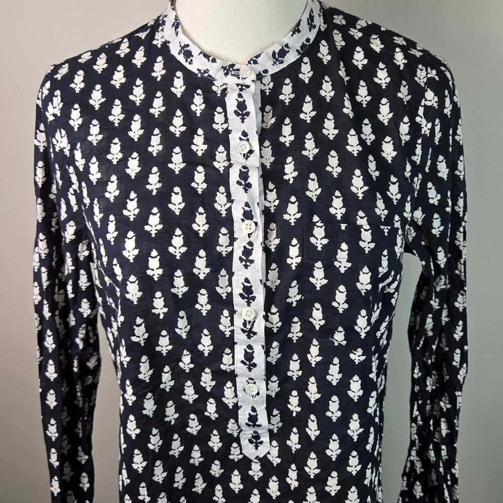 J.Crew Button Down Top Womens 4 Navy Blue Excellent Floral Block Print 01287